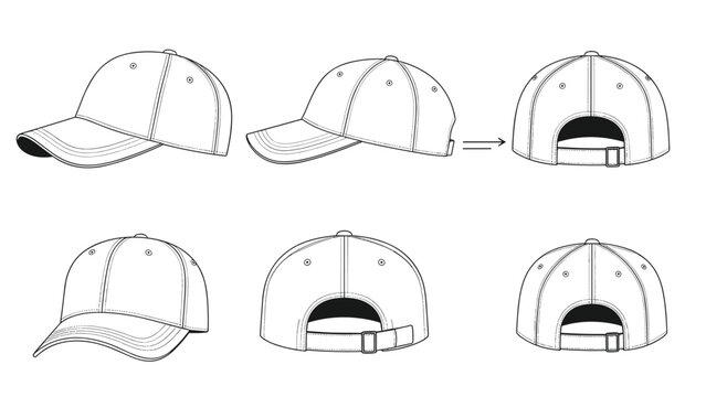 Blueprint style illustration of a baseball cap includes various views and a detailed diagram of the adjustment strap.