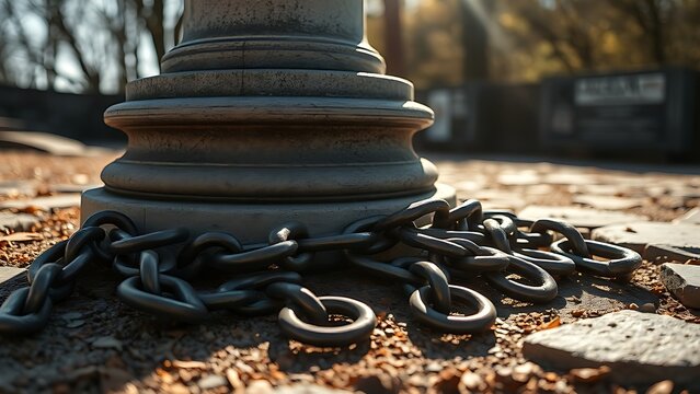 liberated. Broken iron chains at the base of a stone pedestal in bright sunlight, symbol of freedom. event programs, museum guides, designed for cultural heritage projects and event programs.