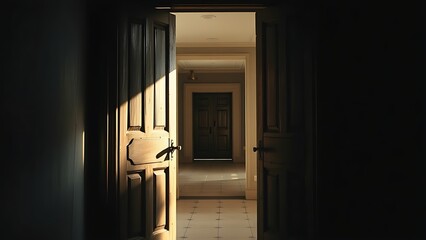 flawlessness. A heavy wooden door opens to a bright corridor with dramatic side lighting. real-estate listings, architecture portfolios, designed for interior renovation comparisons for interiors.