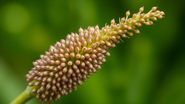 plantago. Extreme close-up of a plantago plant's spike covered in tiny brown seeds. gardening catalogs, home-decor guides, designed for gardening and botanical catalogs, used by art directors.