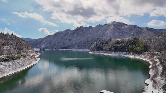Winter scenery of "Aimata Dam" covered in snow, Gunma, Japan
