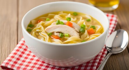 Closeup of a comforting warm bowl of homemade chicken noodle soup garnished with fresh green onions and diced carrots ready to eat