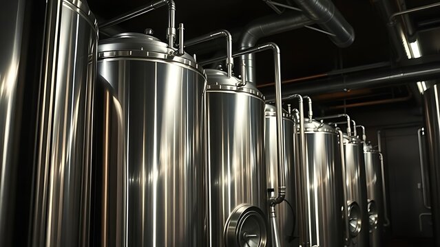favoritism. A gleaming stainless steel fermenter with pipes in a dim cellar. bar promotions, beverage menus, designed for product packaging and bar promotions, used by photographers.