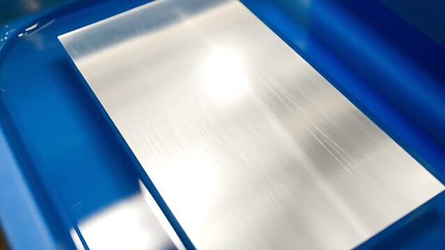 electroplating. Rectangular metal sheet acquiring a shiny silver coating in blue solution. safety posters, maintenance manuals, designed for industrial assembly lines and welding operations.