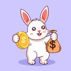 Obraz premium Happy Cartoon Rabbit Holding a Gold Coin and a Bag of Money Vector Illustration Cartoon Design Kawai