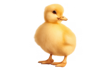 Yellow duckling standing on transparent background, representing innocence, new life, spring, baby animals, and growth