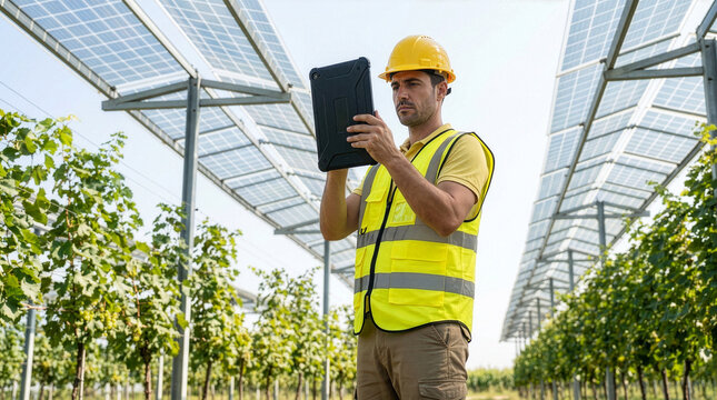 Professional Solar Technician Using Digital Tablet for Maintenance in Modern Agrivoltaic Vineyard with Solar Panels.