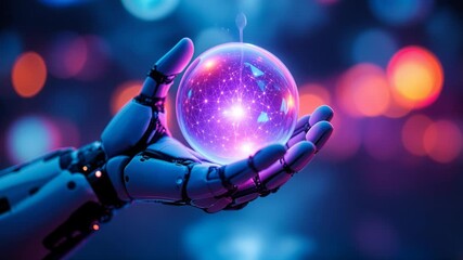 Robotic hand holding a crystal ball displaying a glowing digital network with neon lights - Powered by Adobe
