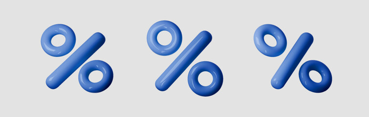 Set 3D blue percent icons on white background. Realistic discount symbols for sale promotions, special offers, and retail marketing campaigns with dynamic composition.