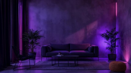Dark contemporary living room interior with moving purple and pink neon lights creating a moody vibe