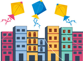 illustration of colorful kites flying over buildings celebrating makar Sankranti festival of india