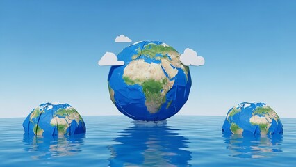 Global warming concept with melting Earths on rising ocean waters under a clear blue sky.