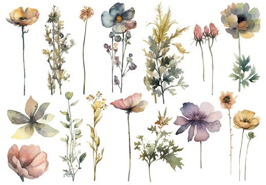 Vector watercolor painted style - flowers clipart isolated on white background.