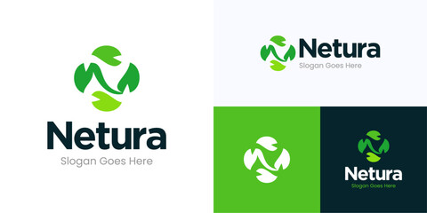 Modern letter N integrated with stylized green leaf shapes in circular formation for nature, Logo icon design vector illustration, Symbol initial alphabet sign with leaves for brand identity business