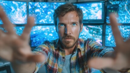 Meteorologist Analyzes Holographic Forecast Maps in Modern Lab Setup While Focused on Data Interpretation for Weather Analysis