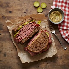 Pastrami Sandwich on Wooden Table Flat Lay