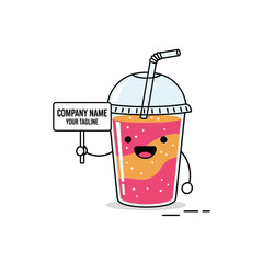 Cute Kawaii Smoothie Character Holding a Sign.