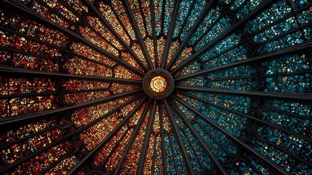 Stained glass rose window with warm and cool colors.