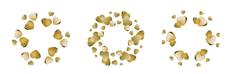 Golden 3D heart frames set with realistic metal finish. Perfect love icons for Valentine cards, romantic posters, and festive backgrounds with elegant shapes.