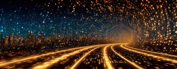 Next Gen City Network Futuristic Golden Data Flow Tunnel Passing Modern City Skyline Digital Transformation Concept Smart City Momentum