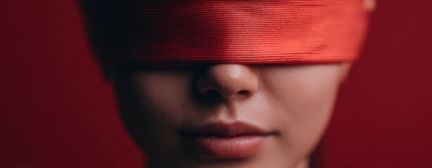 Redacted Identity Cropped Face with Red Blindfold on Deep Crimson Background Identity and Censorship Concept Censored Reality