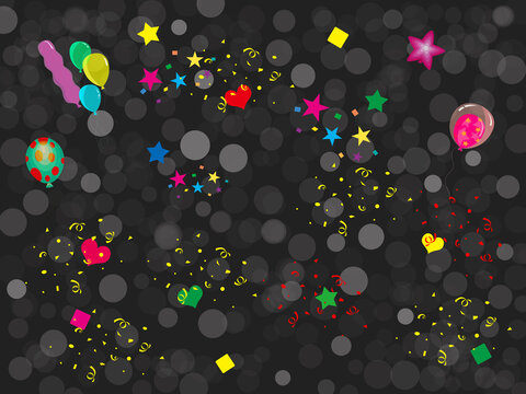 風船と紙吹雪のキャンペーン背景（ブラック）ー パーティー感を演出するブラックにネオン色の星やハートが舞うザイン。ゴールデンウィーク、夏休みのナイトイベント、販促告知・バナー・チラシ、パーティー告知。年末年始の忘年会、新年会にも。