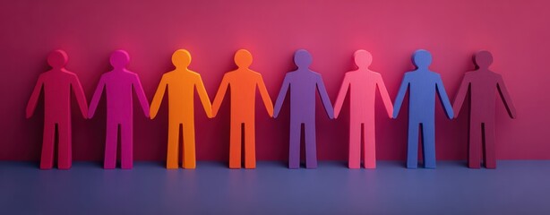 Inclusive Community Line Vibrant multi colored human cutouts stand linked hand in hand against a pink and purple wall