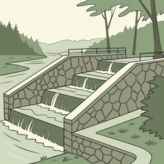 A stone structure with water flowing through abstract channels