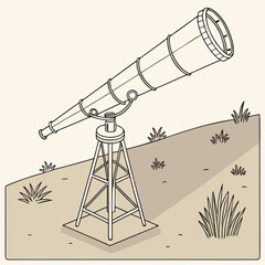 A vintage telescope on a tripod observing the landscape