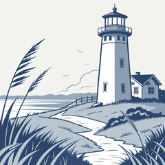 A tall lighthouse standing on the coast with sea view