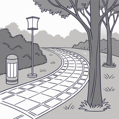 Curved pathway with stone tiles surrounded by trees in a park