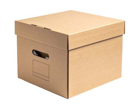 Closed cardboard box, with lid, handle, isolated