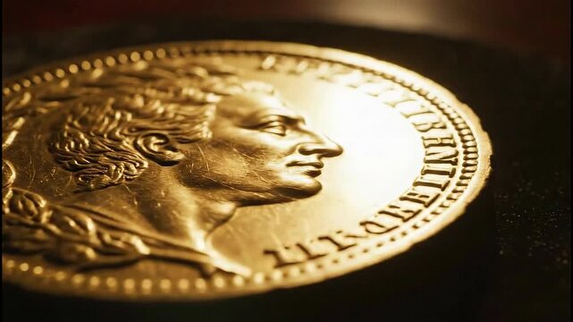 Close Up Gold Coin Portrait Macro Shot.
