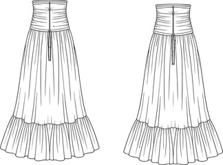 Cad drawing flat vector illustration, strapless tiered dress fashion template, garment sketch,
