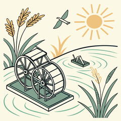 Solar Powered Paddlewheel Aerator in Pond with Bird and Sun