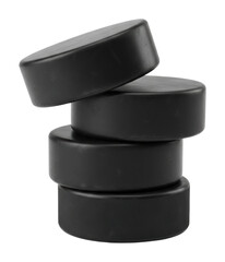 Hockey pucks stacked in a dynamic display sports arena isolated on transparent background
