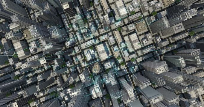 Aerial Drone Hyperlapse of Futuristic Smart City with Digital Network Overlay. Internet of Things 4K 3D Animation.