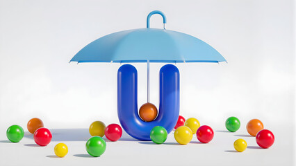 A playful 3D render features a bold blue letter "U" sheltered under a matching blue umbrella, surrounded by scattered, vibrant multi-colored spheres on a clean white surface