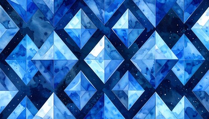 Abstract blue watercolor pattern with geometric diamond shapes and scattered white specks resembling stars