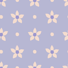 Pastel Blue Chamomile Seamless Pattern. Cute Simple hand drawn daisy floral background with wavy petals and dots. Delicate childish vector illustration