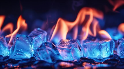 Opposite Day: A blazing campfire with flames that are made of solid ice crystals, ultra-realistic photography, the ice flames are transparent blue and white with frost patterns