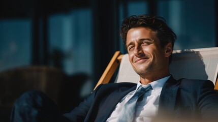 Opposite Day: portrait of a businessman wearing a formal suit while relaxing on a beach chair in the middle of an office, calm smile, contrast between work and leisure