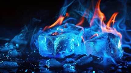 Opposite Day: A blazing campfire with flames that are made of solid ice crystals, ultra-realistic photography, the ice flames are transparent blue and white with frost patterns