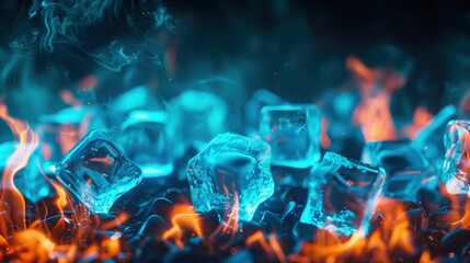 Opposite Day: image of burning ice cubes glowing with blue flames and frozen fire standing solid like crystal, dark cinematic background