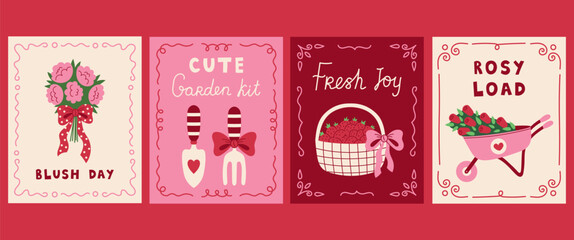 Pink Garden Posters Set. Hand Drawn Romantic Feminine Spring Gardening Coquette Aesthetic with Bow Vintage Curly Border and Motivational Phrase. Vector illustration