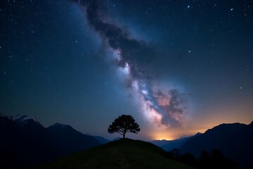 Stunning night landscape with lone tree under starry Milky Way sky