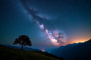 Stunning Milky Way galaxy over serene mountain landscape with tree