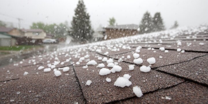 Large hailstones falling and accumulating on an asphalt shingle roof during a severe summer storm.