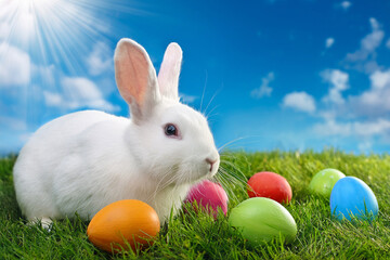 White rabbit and colorful easter eggs on green grass under bright blue sky