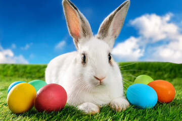 White rabbit and colorful easter eggs on green grass under bright blue sky